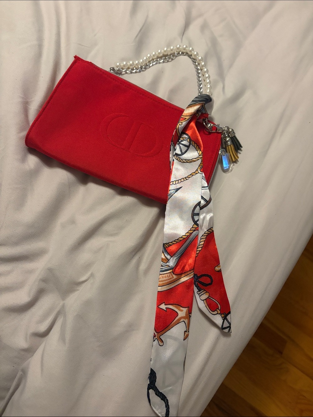 Dior Red Canvas Mini Shoulder Bag with Pearl Handle and Silk Scarf